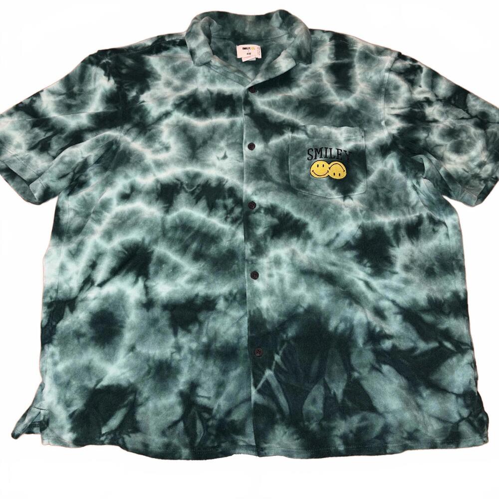 Smiley x H&M Tie-Dye Terry Cloth Button-Up Shirt Medium Green Street Boho Comfy